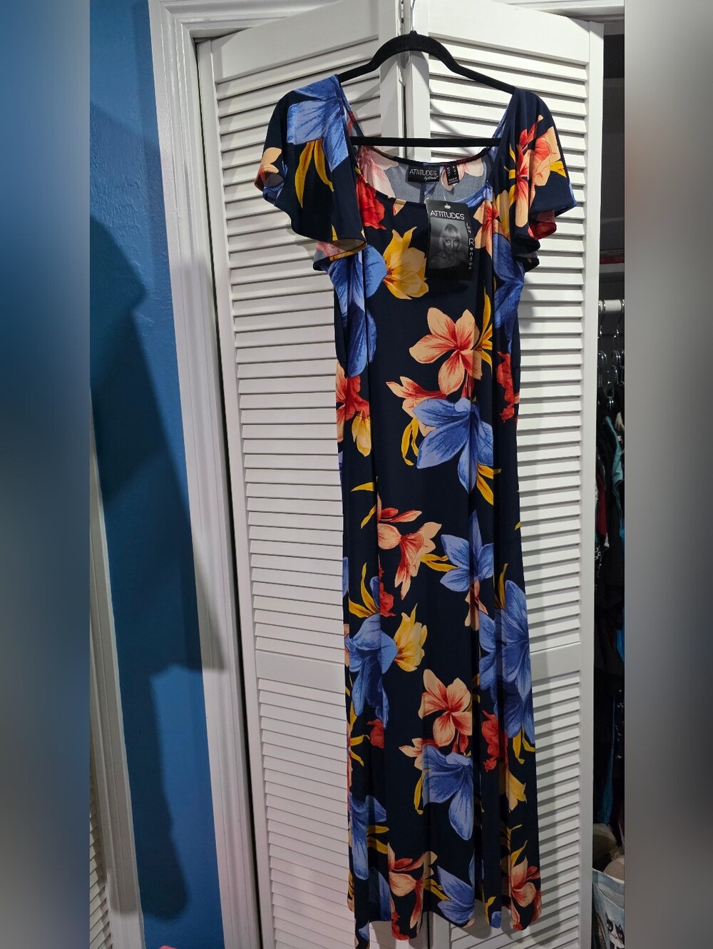 ATTITUDES Floral Maxi Dress - Navy with Blue, Yellow & Coral Flowers